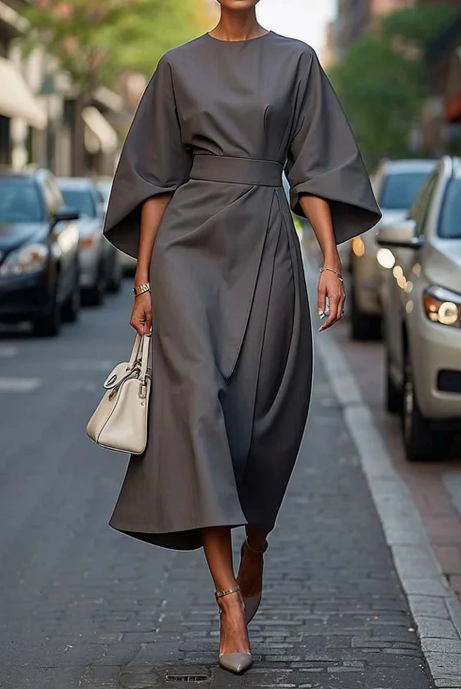 Women's Midi Dress | Waist-Defining Belt & Lantern Sleeves