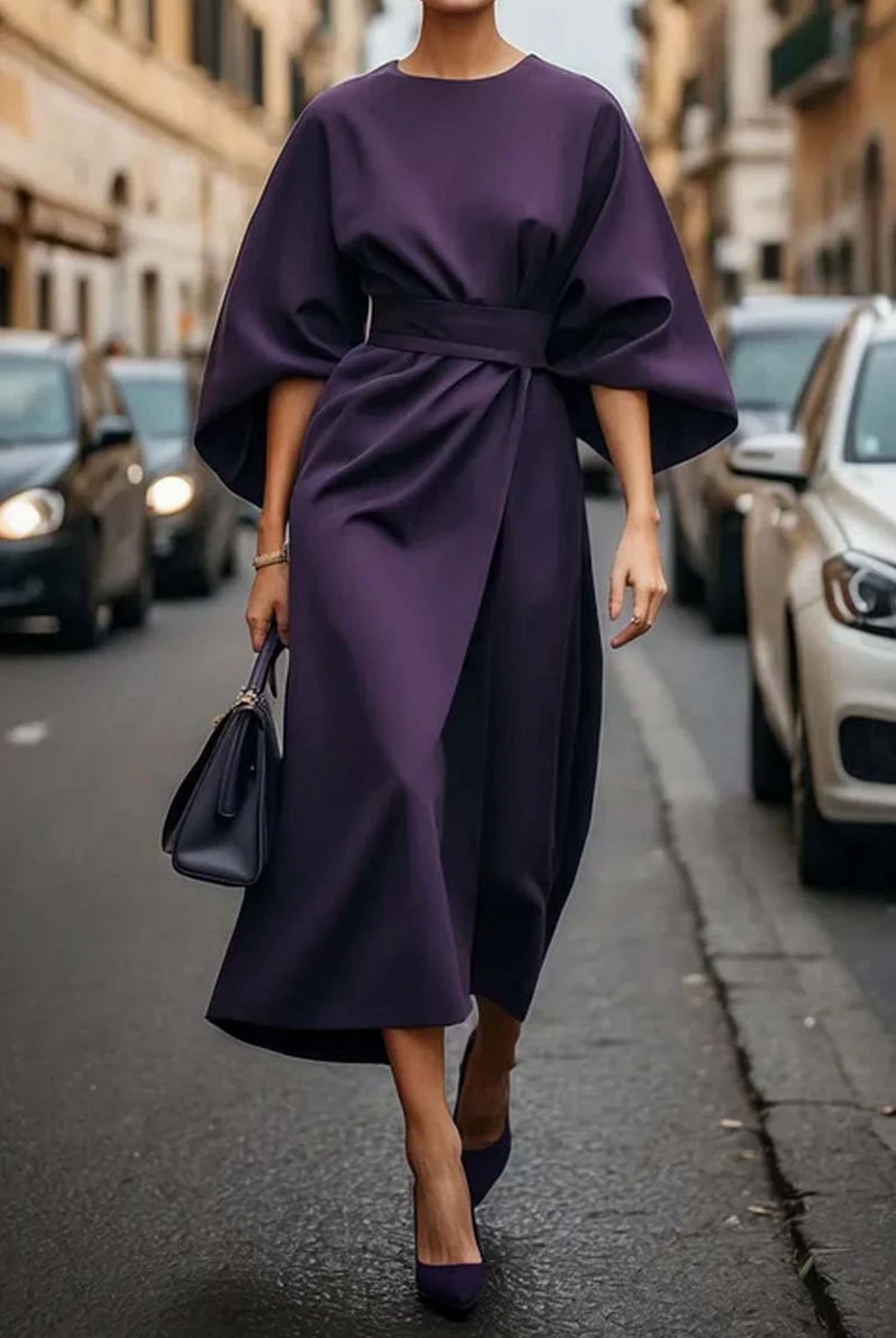 Women's Midi Dress | Waist-Defining Belt & Lantern Sleeves