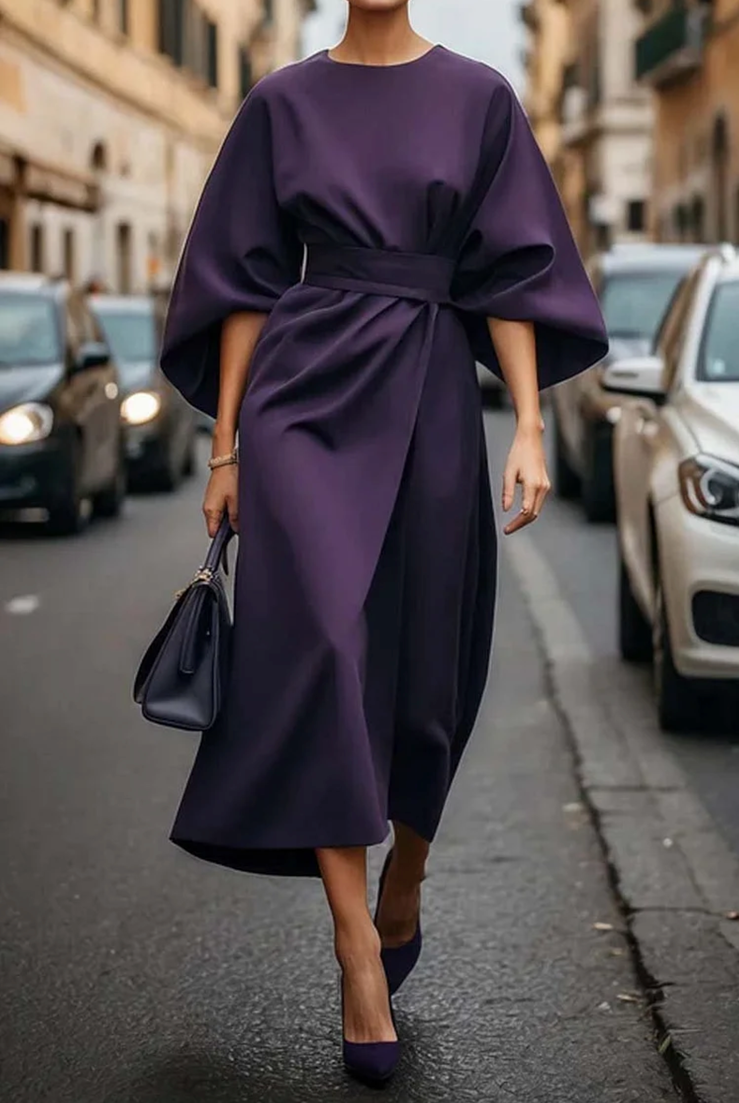 Women's Midi Dress | Waist-Defining Belt & Lantern Sleeves