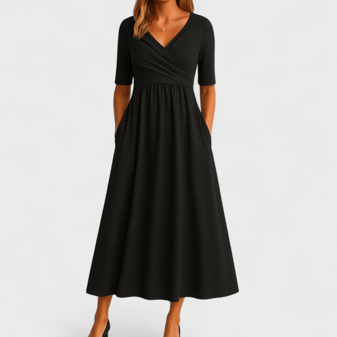 Women's Midi Dress | Surplice V-Neck & Flared Skirt with Pockets