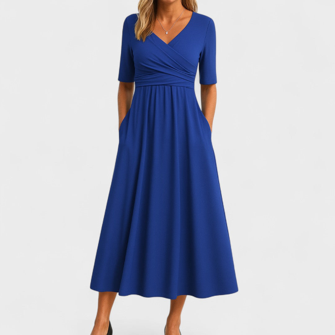 Women's Midi Dress | Surplice V-Neck & Flared Skirt with Pockets