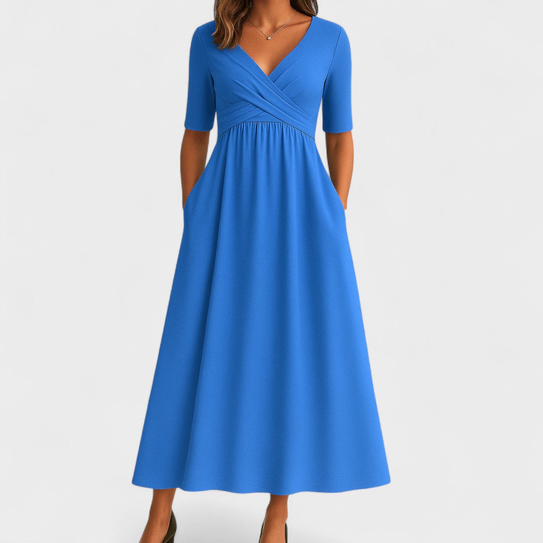 Women's Midi Dress | Surplice V-Neck & Flared Skirt with Pockets