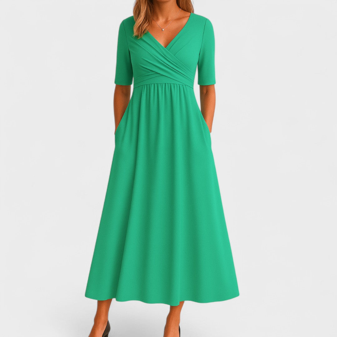 Women's Midi Dress | Surplice V-Neck & Flared Skirt with Pockets