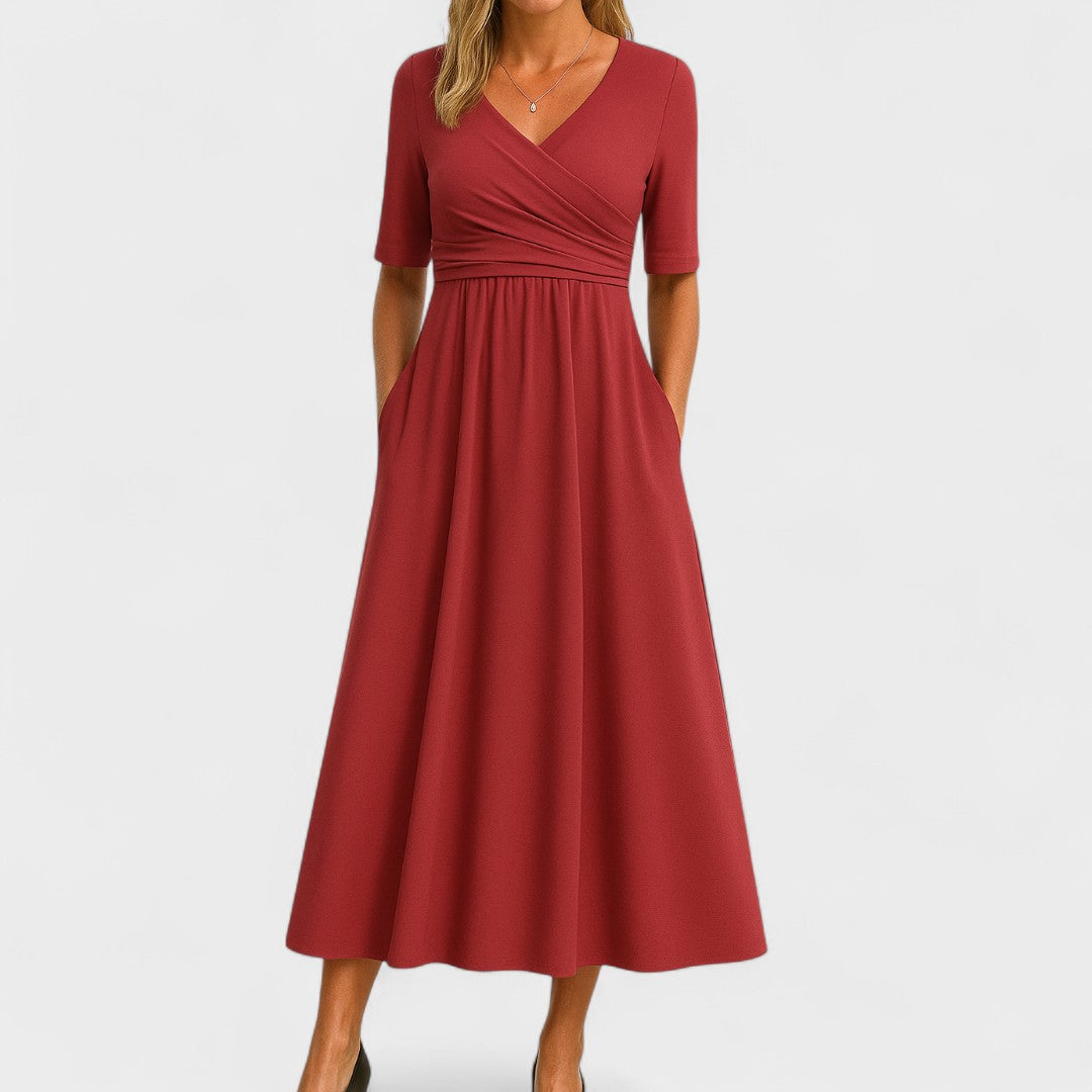 Women's Midi Dress | Surplice V-Neck & Flared Skirt with Pockets
