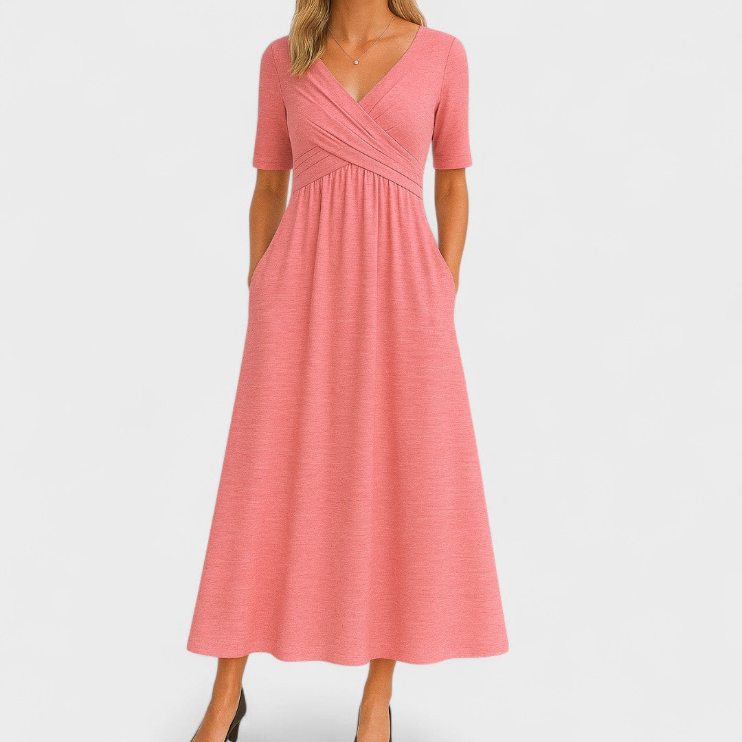 Women's Midi Dress | Surplice V-Neck & Flared Skirt with Pockets