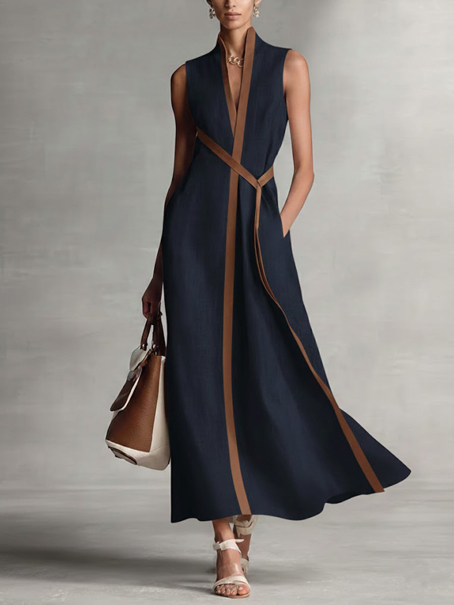 Women's Maxi Dress | Contrast Trim, Sleeveless Wrap