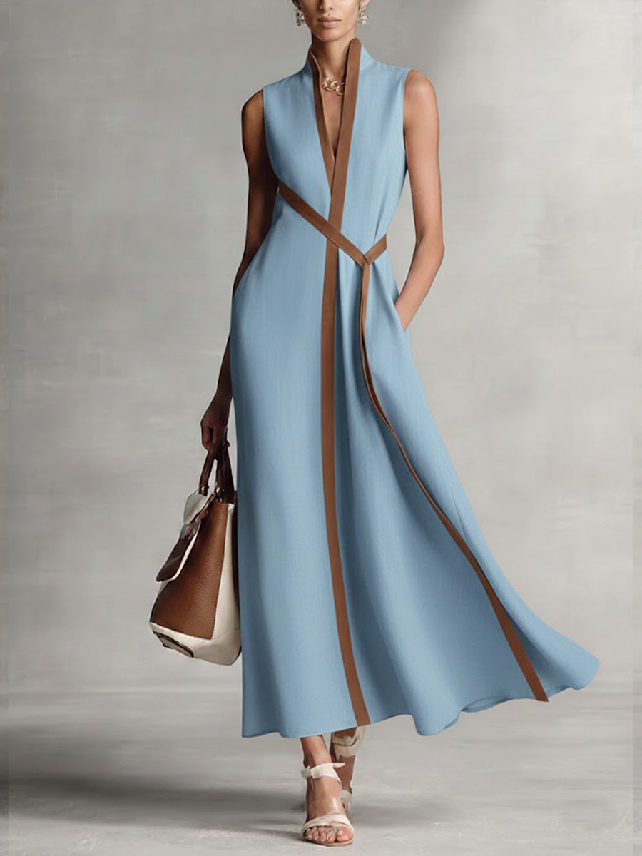 Women's Maxi Dress | Contrast Trim, Sleeveless Wrap