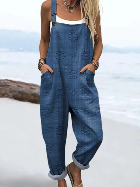 Jumpsuit | Printed Denim-Look Overalls with Wide Leg & Pockets