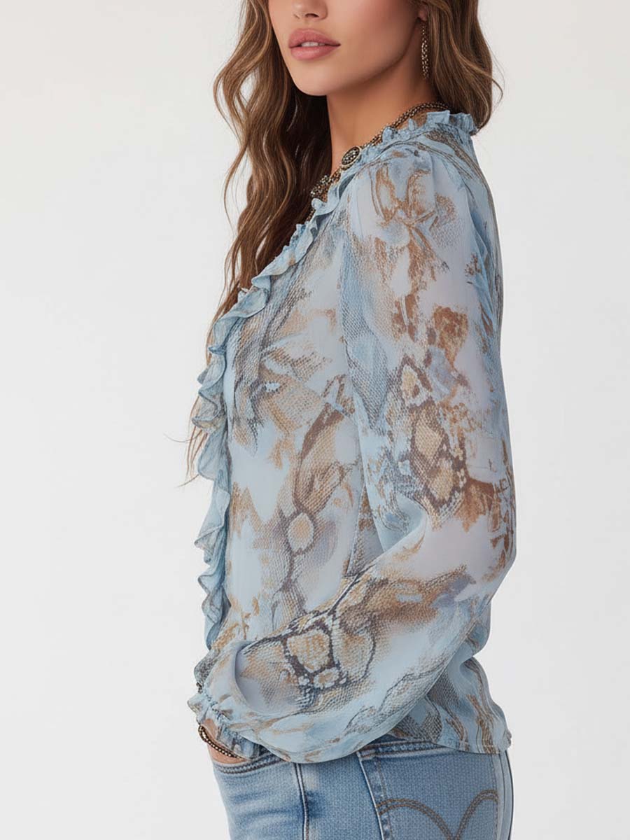Kyra – Ruffled blouse with zipper in soft blue 2