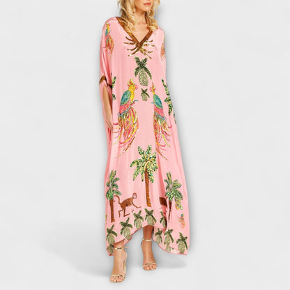 Linda - Chic Asymmetrical Shoulder Dress with Tropical Coconut Tree Design