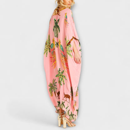 Linda - Chic Asymmetrical Shoulder Dress with Tropical Coconut Tree Design