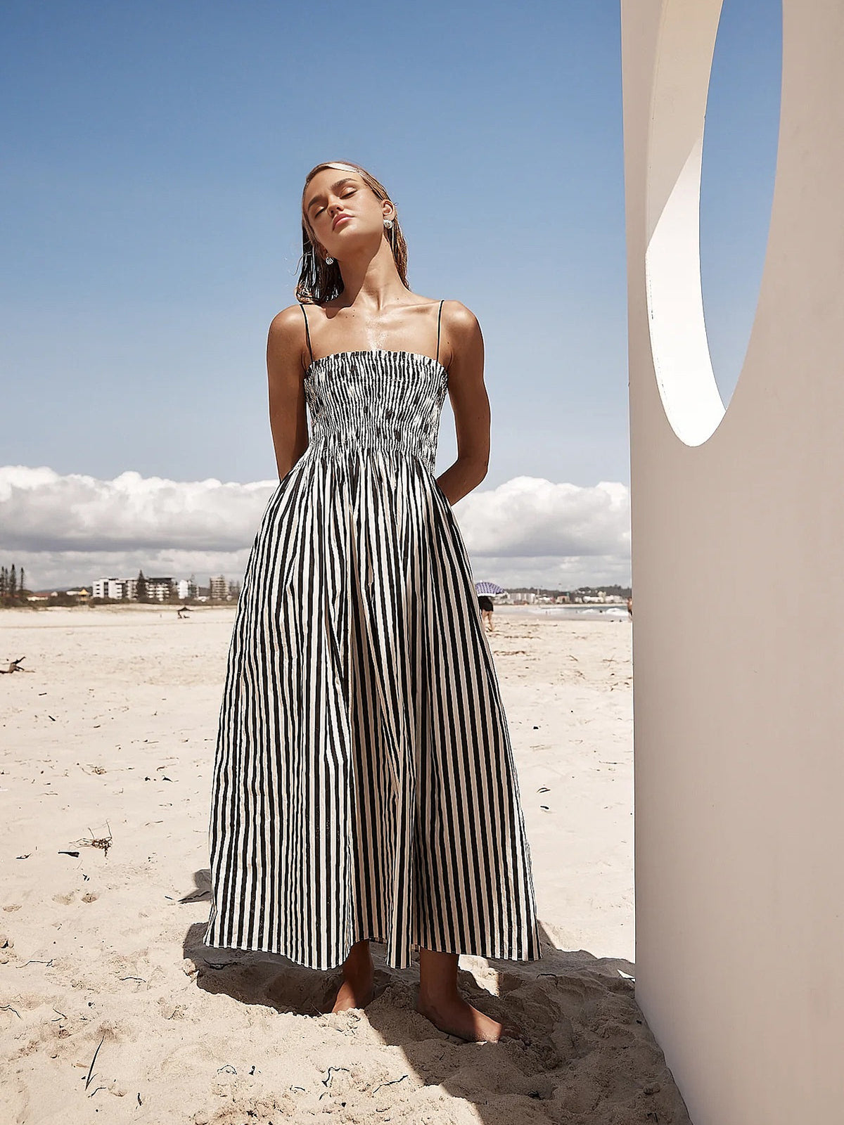 Long Dress Women's | Smocked Pinstripe Strappy Summer Dress