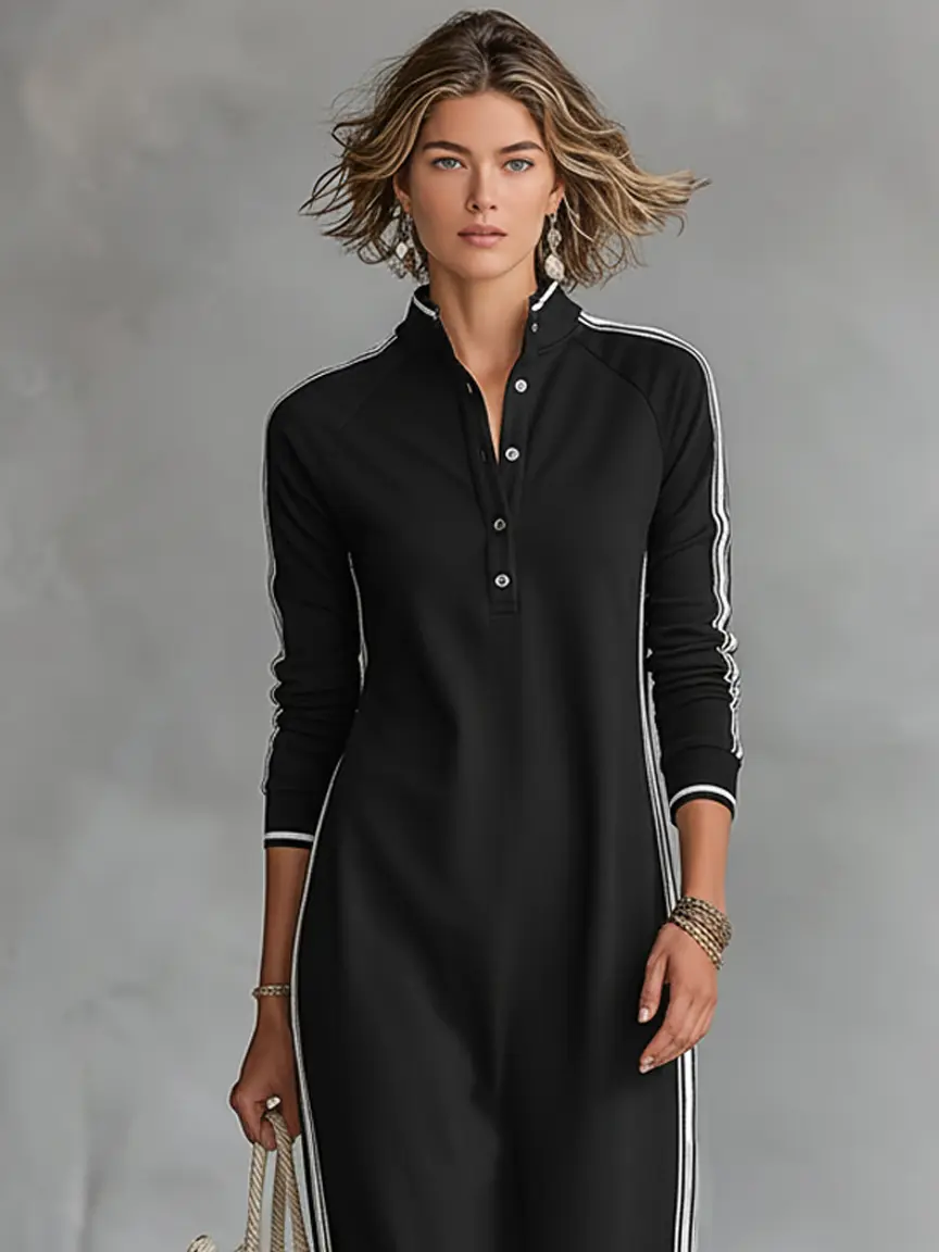 MAXI DRESS, SWEATSHIRT, BUTTON-DOWN COLLAR, WHITE TRIM 5