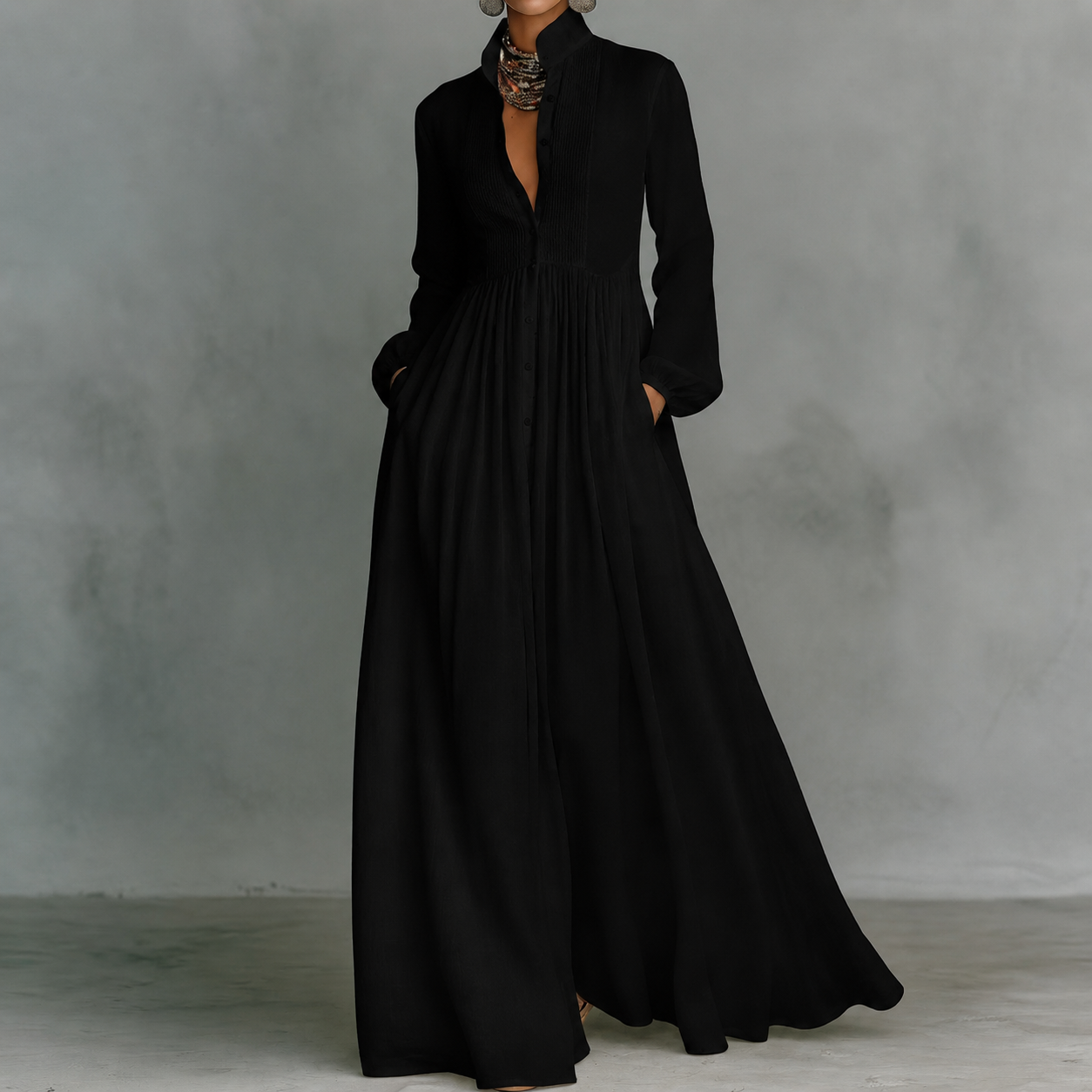 Women's Long Dress | Minimalist Mandarin Collar Maxi