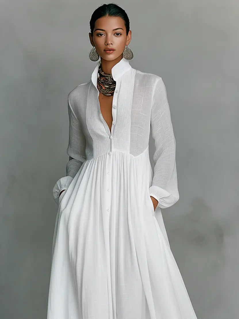 Women's Long Dress | Minimalist Mandarin Collar Maxi