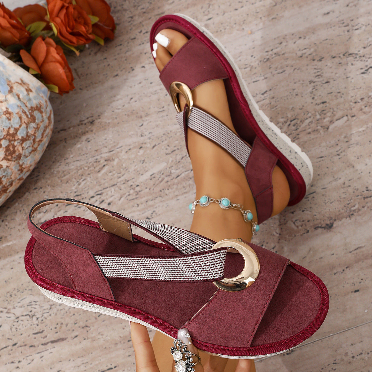 Women's Sandals | Gold O-Ring, Crossed Toe Straps