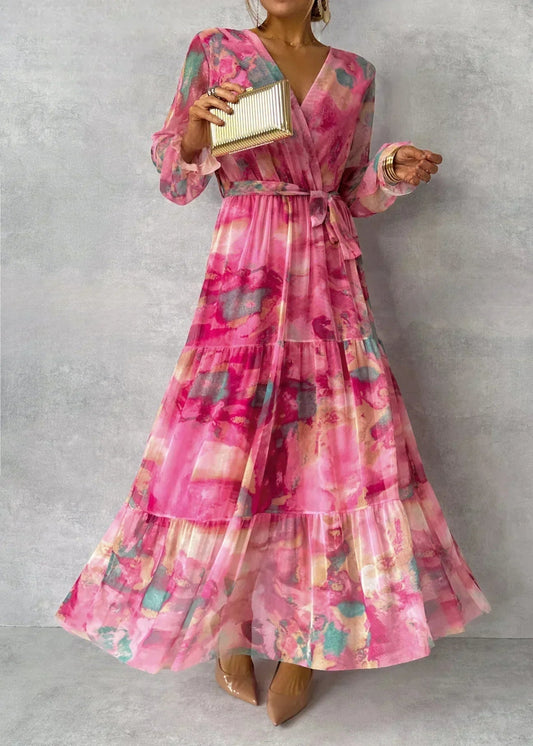 Maxi Dress | Pink Floral Tie-Dye Wrap Maxi with Tiered Hem