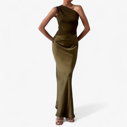 Maxi Dress Women's | One-Shoulder Satin Ruched Evening Gown