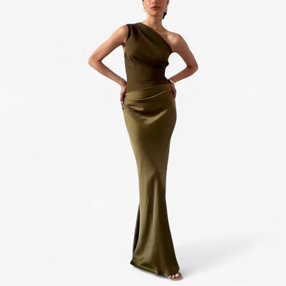 Maxi Dress Women's | One-Shoulder Satin Ruched Evening Gown