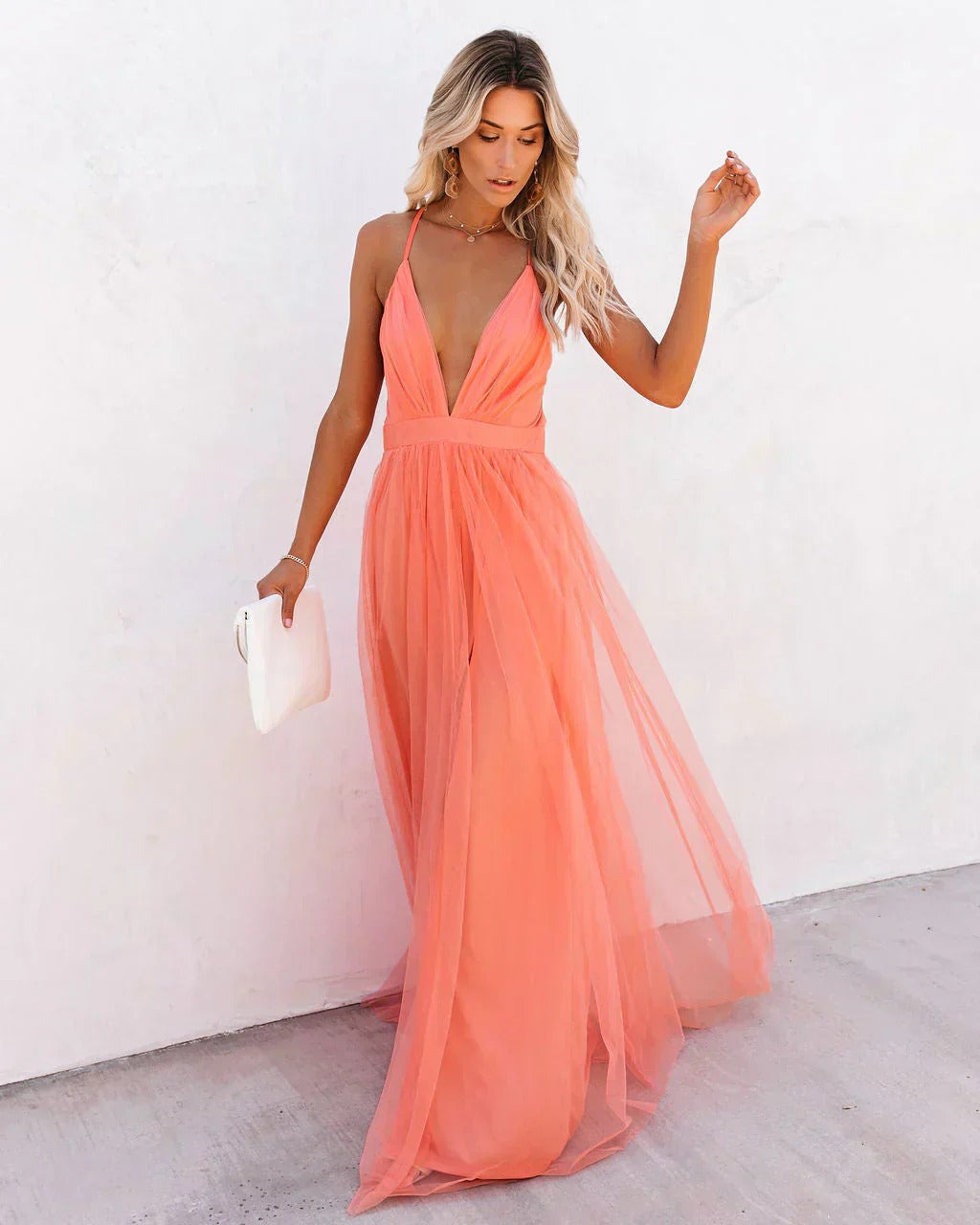 Maxi Dress Women's | Tulle & Deep V-Neck Elegant