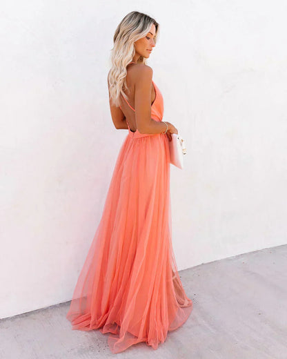 Maxi Dress Women's | Tulle & Deep V-Neck Elegant