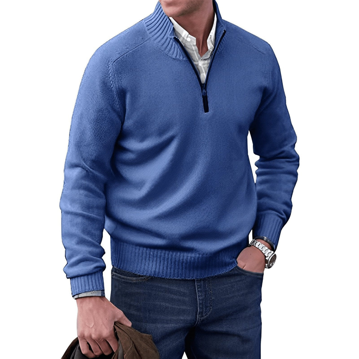 Men's Sweater | Quarter Zip, Contrast Placket, Ribbed Trims