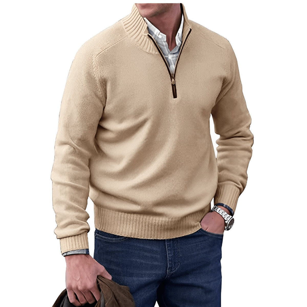 Men's Sweater | Quarter Zip, Contrast Placket, Ribbed Trims