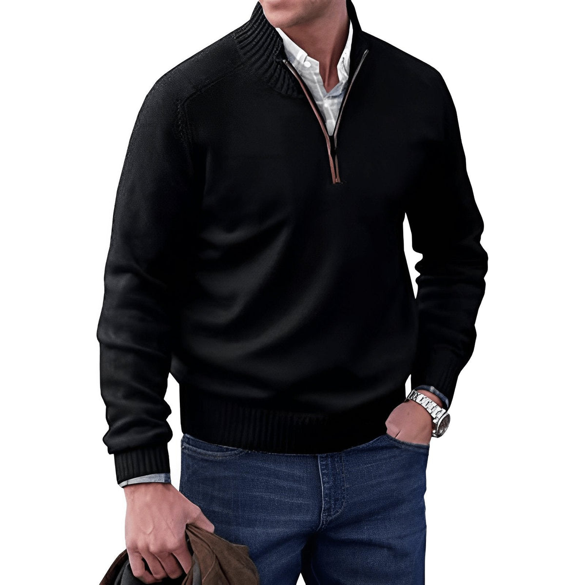 Men's Sweater | Quarter Zip, Contrast Placket, Ribbed Trims