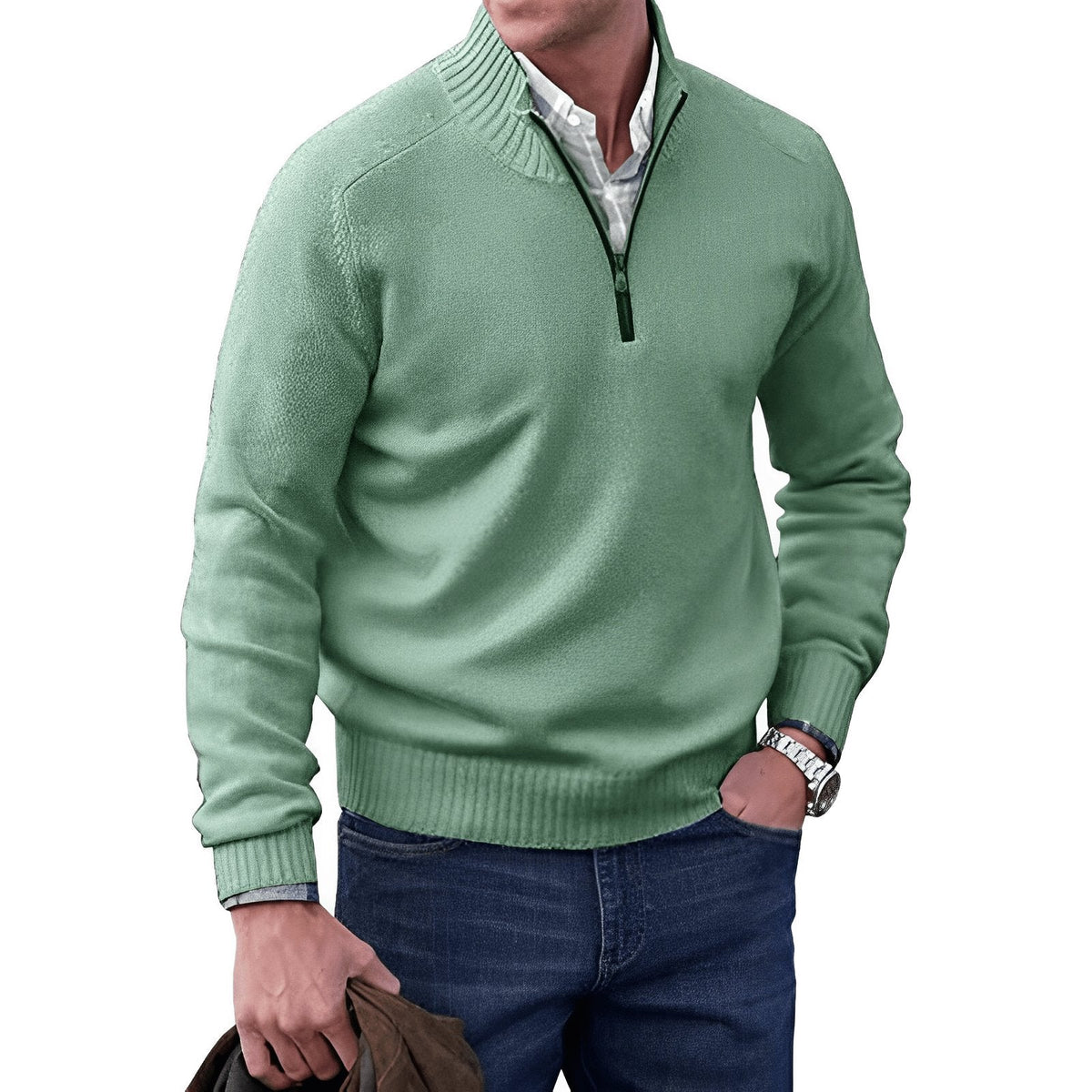 Men's Sweater | Quarter Zip, Contrast Placket, Ribbed Trims