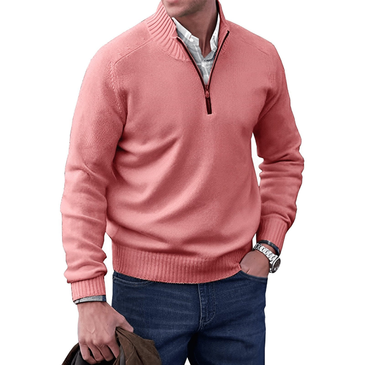 Men's Sweater | Quarter Zip, Contrast Placket, Ribbed Trims