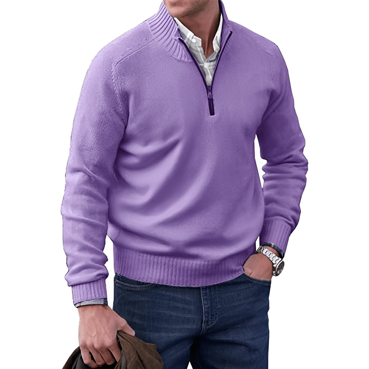 Men's Sweater | Quarter Zip, Contrast Placket, Ribbed Trims