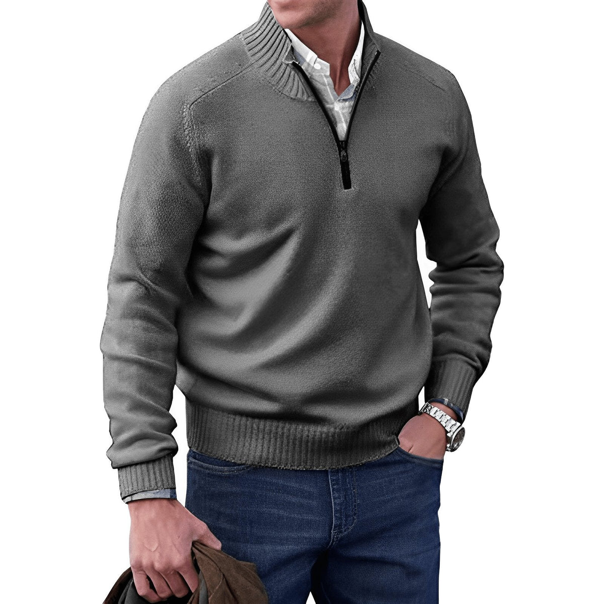 Men's Sweater | Quarter Zip, Contrast Placket, Ribbed Trims
