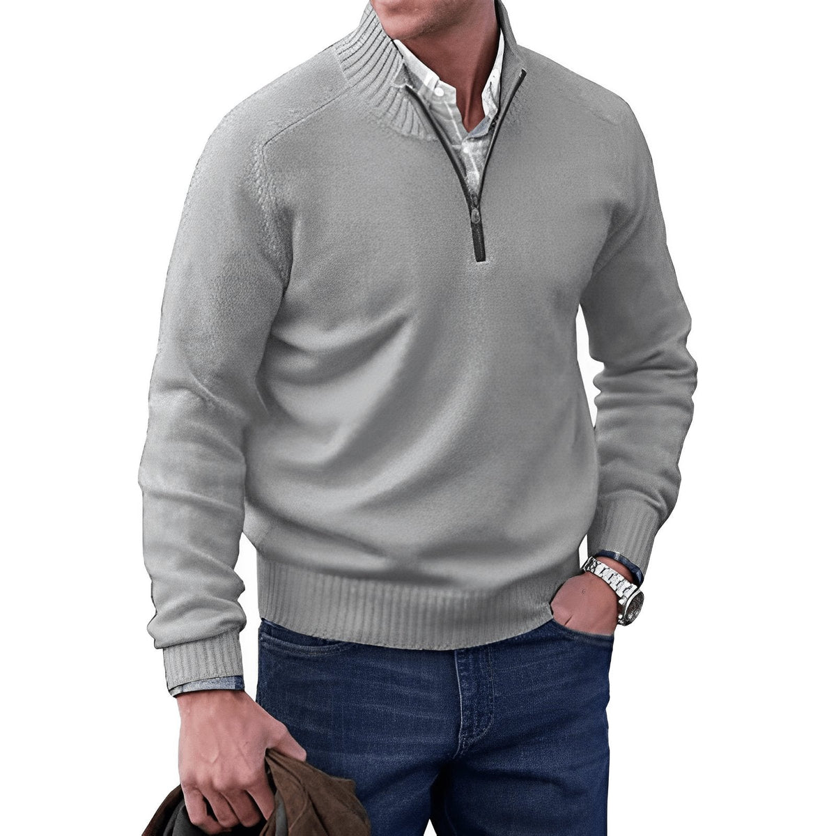 Men's Sweater | Quarter Zip, Contrast Placket, Ribbed Trims