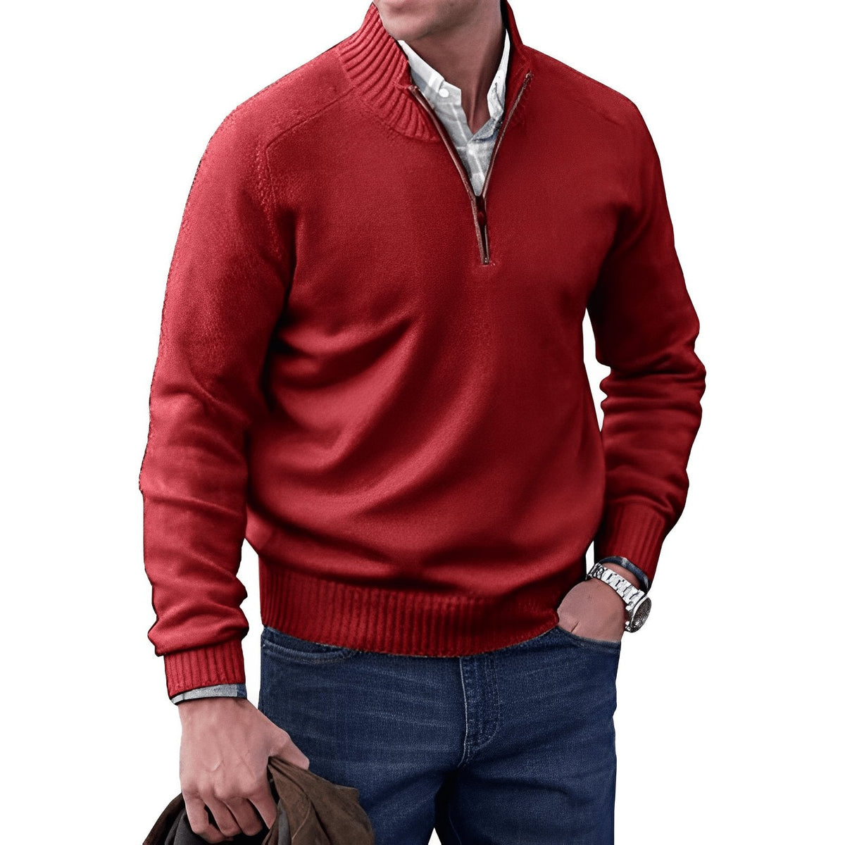 Men's Sweater | Quarter Zip, Contrast Placket, Ribbed Trims