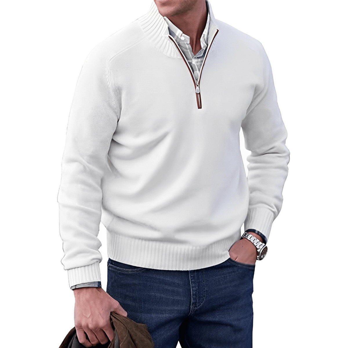 Men's Sweater | Quarter Zip, Contrast Placket, Ribbed Trims