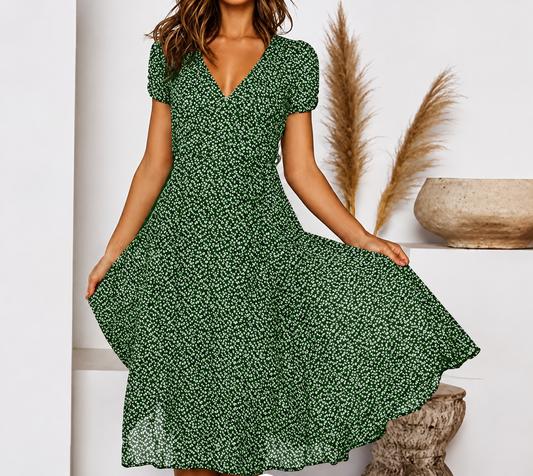 Midi Dress | Ernestina V-Neck Flared Cap-Sleeve Dress for Women