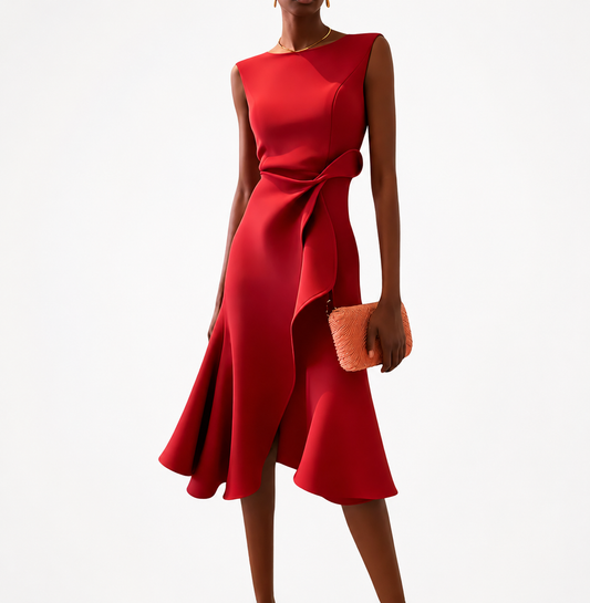 Midi Dress | Livia Asymmetrical Ruffle Sleeveless Midi Dress for Women