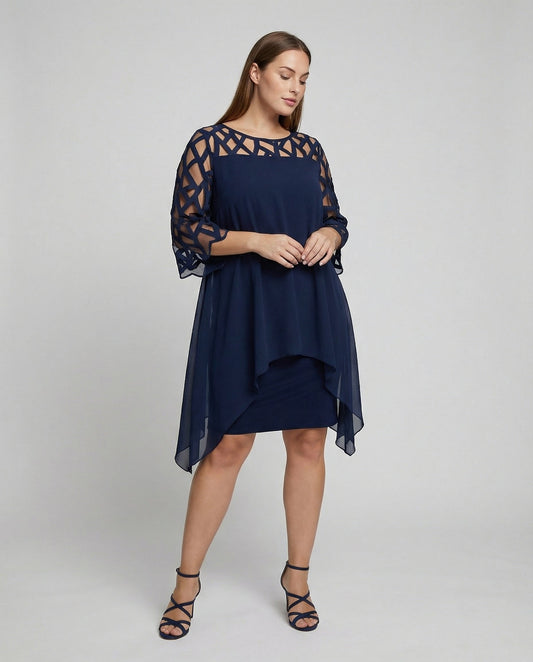 Midi Dress | Mirabelle Chiffon Overlay Lattice-Sleeve Midi Dress for Women