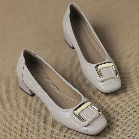 Women's Block Heel Shoes | Gold Buckle & Square Toe
