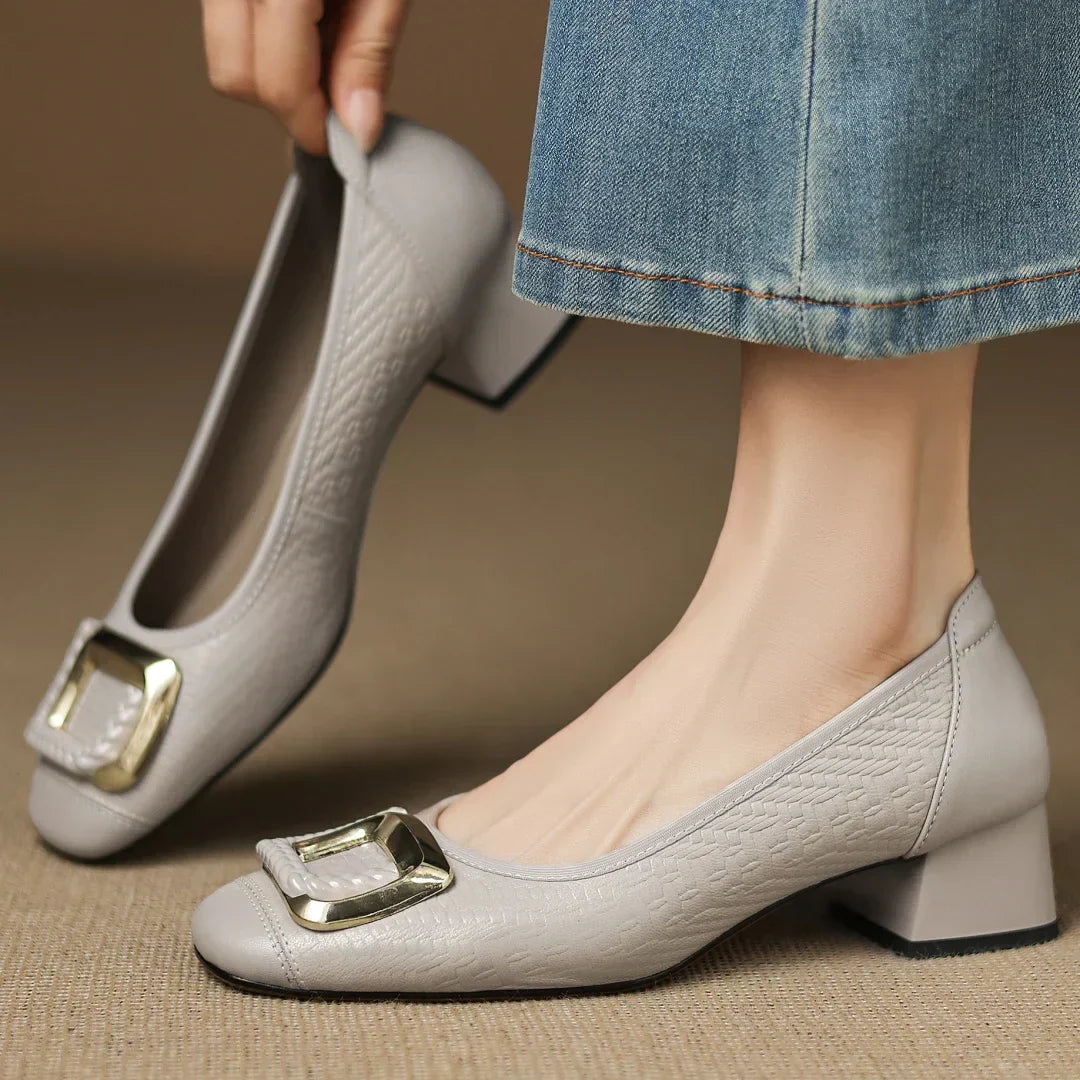Women's Block Heel Shoes | Gold Buckle & Square Toe