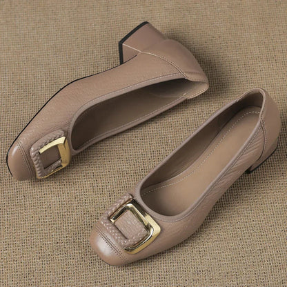 Women's Block Heel Shoes | Gold Buckle & Square Toe