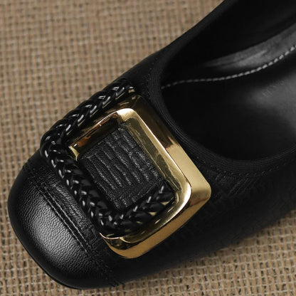 Women's Block Heel Shoes | Gold Buckle & Square Toe