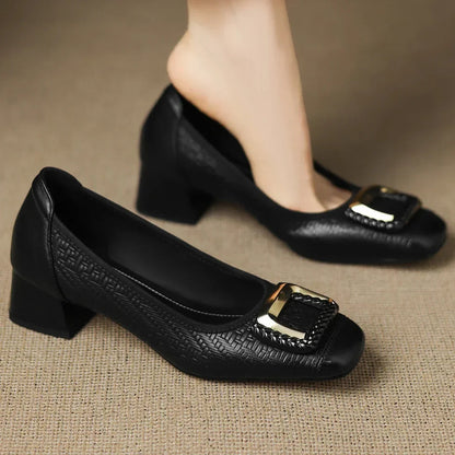 Women's Block Heel Shoes | Gold Buckle & Square Toe