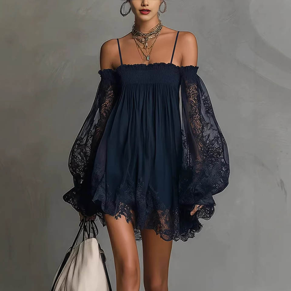 OFF-SHOULDER LACE MINI DRESS 0