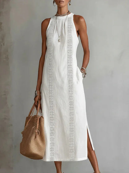 Women's Maxi Dress | Halterneck Geometric Lace Trim Design