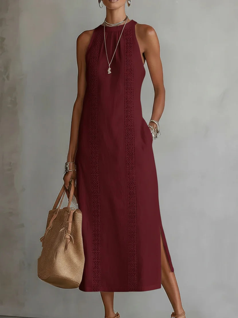 Women's Maxi Dress | Halterneck Geometric Lace Trim Design