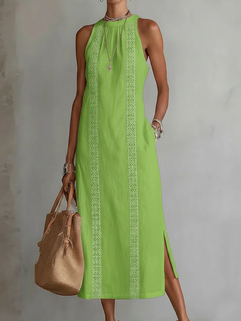 Women's Maxi Dress | Halterneck Geometric Lace Trim Design
