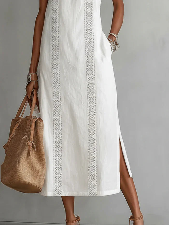 Women's Maxi Dress | Halterneck Geometric Lace Trim Design