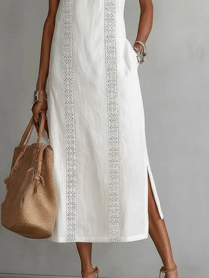 Women's Maxi Dress | Halterneck Geometric Lace Trim Design