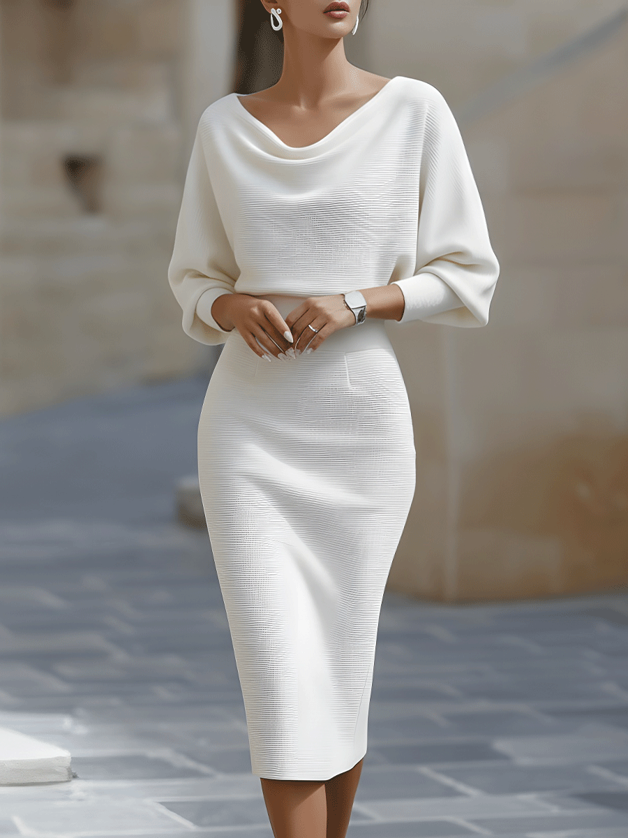 Olivia | White Draped Batwing Midi Dress 0